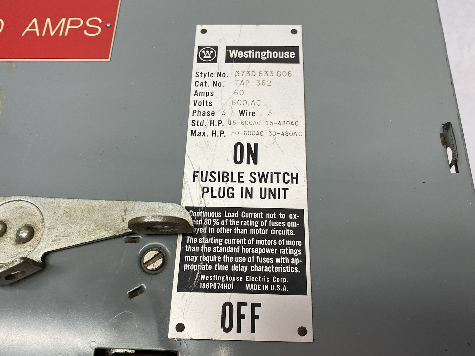 373D633G06 | Westinghouse Fusible Plug-In Switch Unit TAP-362 60A 3-Phase - Used - Maverick Industrial Sales