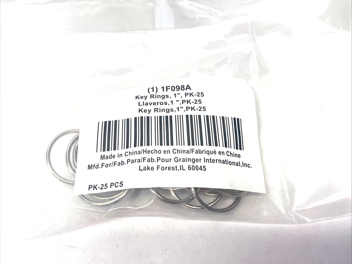 Grainger 1F098 Split Key Ring: 3 Key Capacity, 1" Dia, Steel, 25-PK, LOT OF 3 - Maverick Industrial Sales