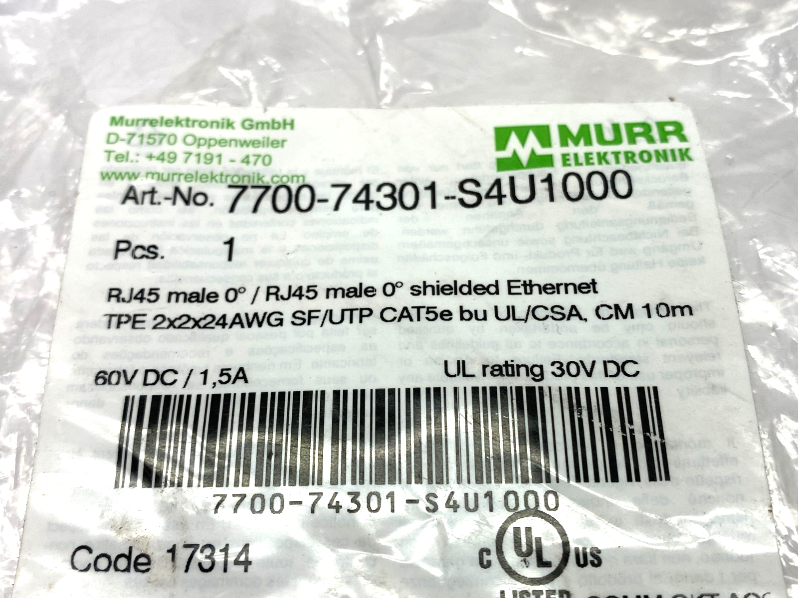 7700-74301-S4U1000 | Murr Elektronik Ethernet Cordset CAT5 RJ45 Male 10m - New - Maverick Industrial Sales