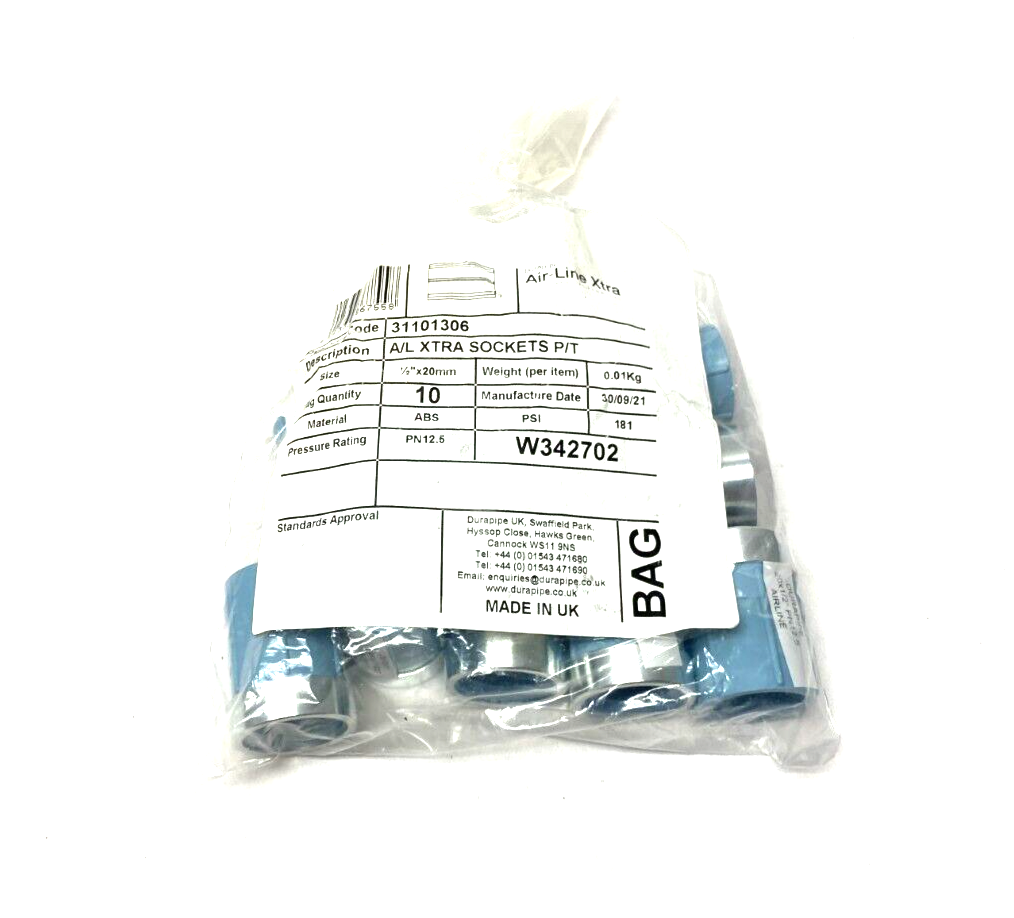 Durapipe 31101306 Air-Line Xtra Reinforced Socket Fitting 1/2" x 20mm PKG OF 10 - Maverick Industrial Sales