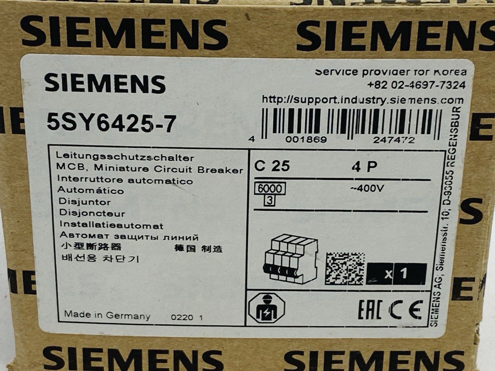 Siemens 5SY6425-7 Miniature Circuit Breaker 4-Pole 25A 400V - Maverick Industrial Sales