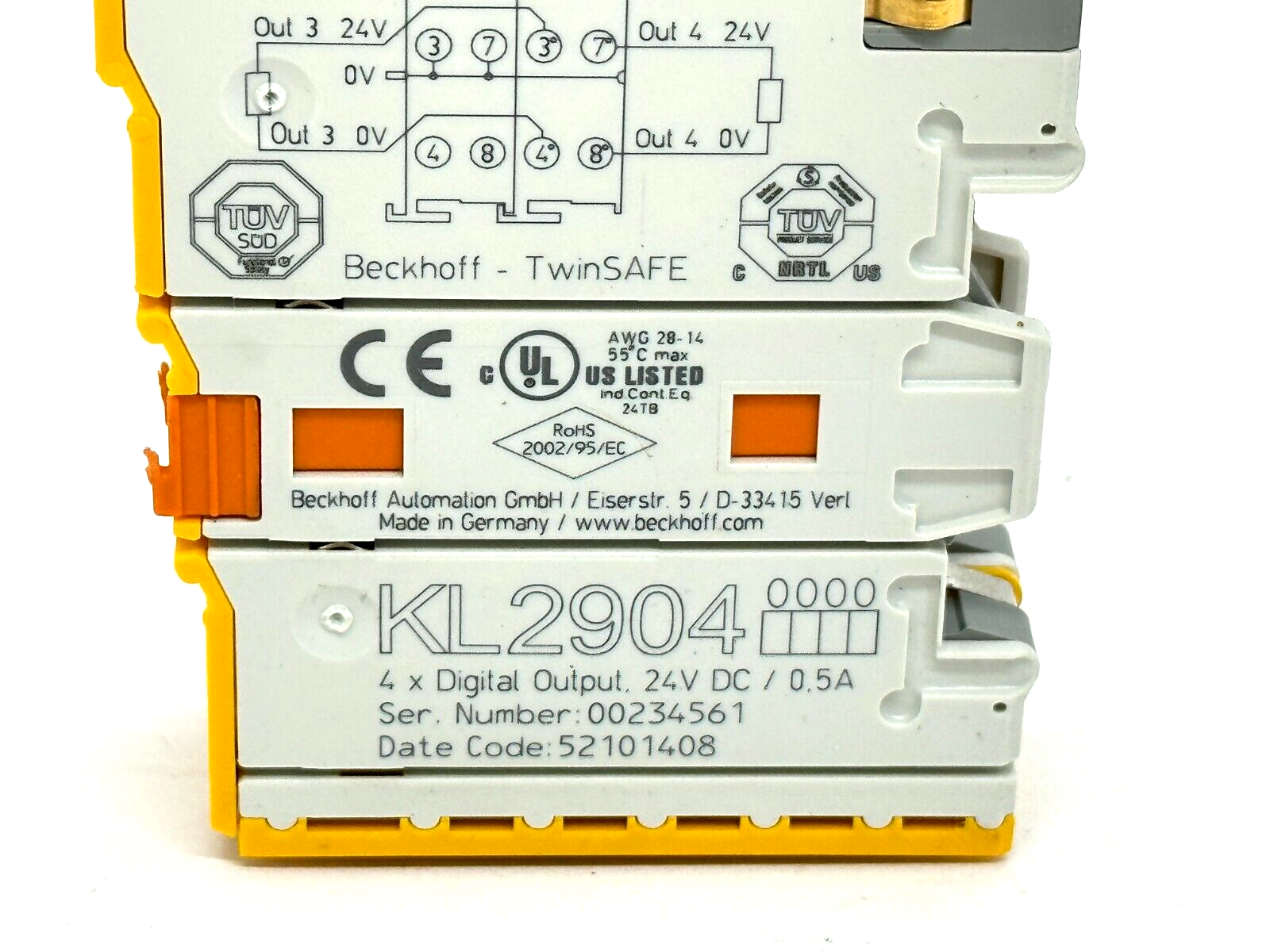 KL2904 | Beckhoff Safety Bus Terminal 4-Channel Digital Output 0.5A 24VDC TwinSAFE - Used - Maverick Industrial Sales