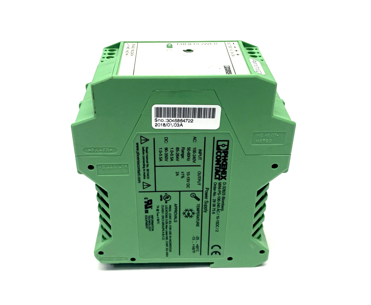 MINI-PS-100-240AC/10-15DC/2,2938756 | Phoenix Contact MINI-PS-100-240AC/10-15DC/2 Power Supply 10-15V DC 2A 2938756 - Used - Maverick Industrial Sales