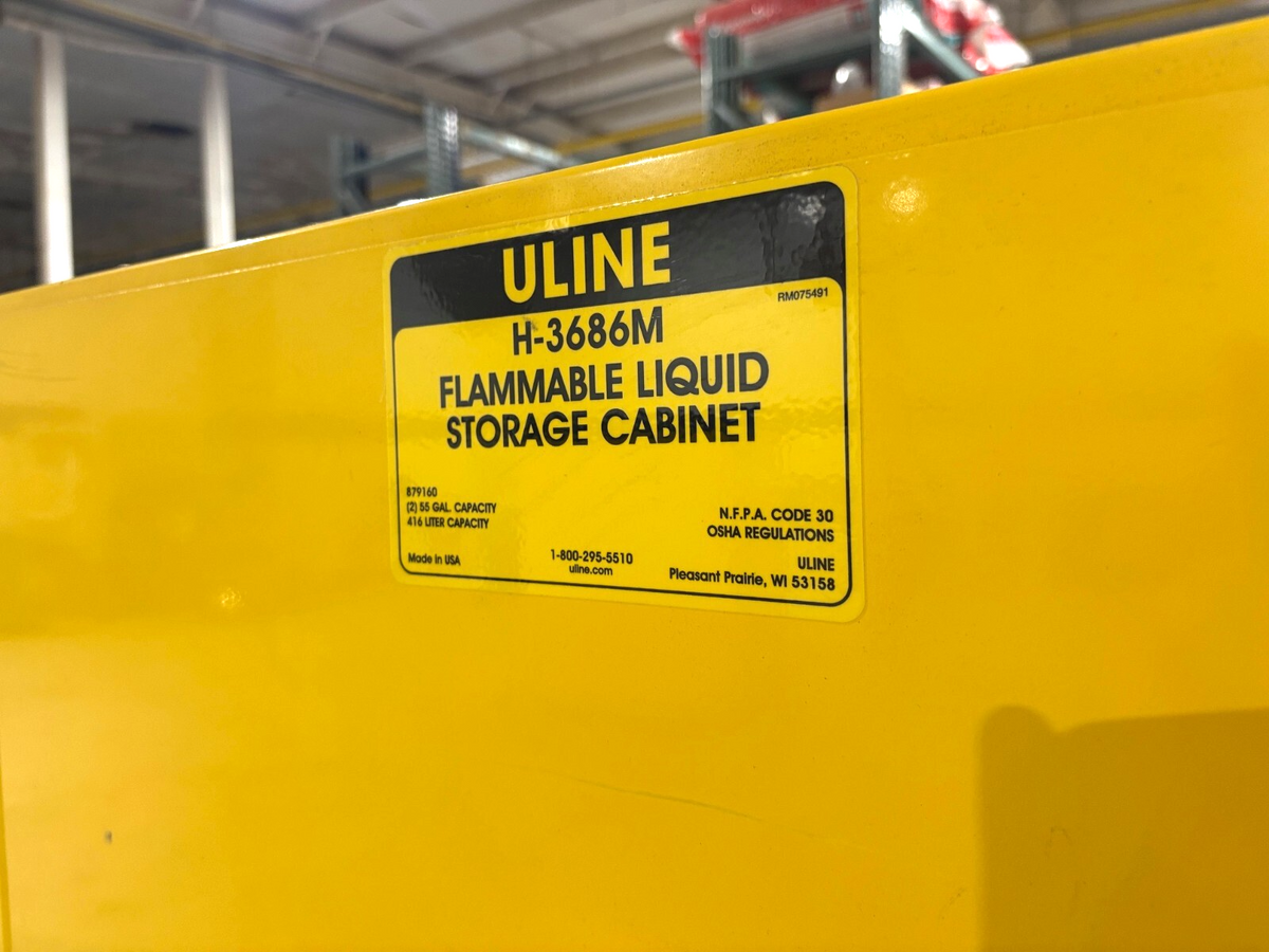 H-3686M | Uline Flammable Liquid Storage Cabinet, Yellow, 59"W x 34"D x 65"H - Used - Maverick Industrial Sales