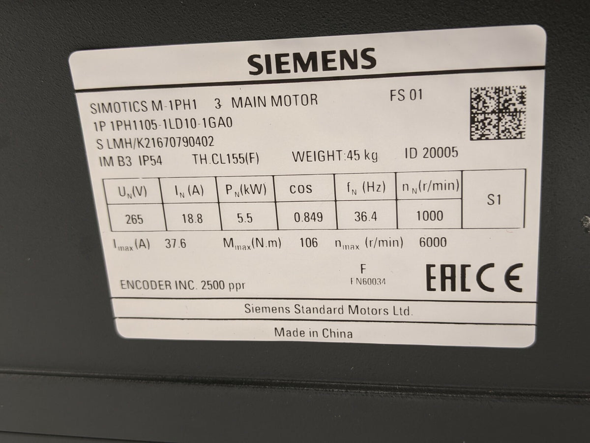 1PH1105-1LD10-1GA0 | Siemens 1P SIMOTICS M 1PH1 Motor 3AC, 380V, 1000rpm, 53Nm - New – Open box - Maverick Industrial Sales