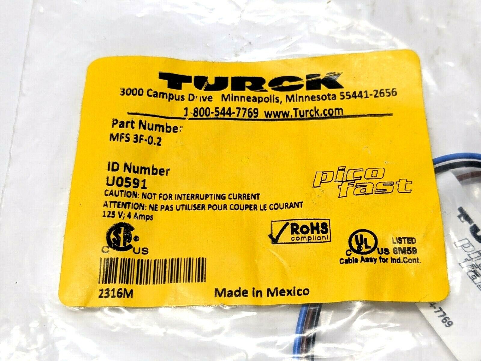 Turck MFS 3F-0.2 Cable Cordset Panel-Mount M8 Male to Cut End U0591 - Maverick Industrial Sales