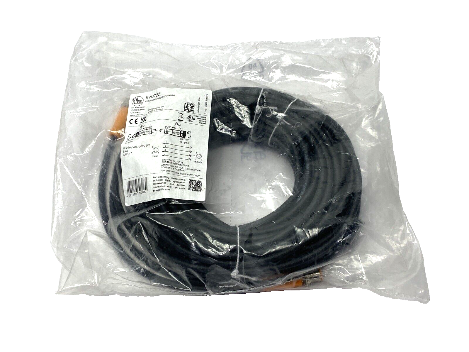 IFM EVC722 M12 Male to Female 20m Cable Assembly VDOGH040MSP0020H04STGH040MSP - Maverick Industrial Sales
