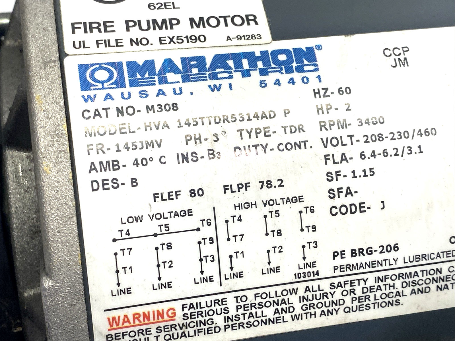 | Marathon M308 Motor 3PH 2HP 208-230/480V 145JMV, HVA 145TTDR5314AD P - Used - Maverick Industrial Sales