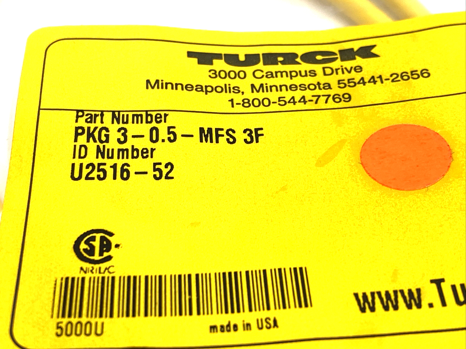 Turck PKG 3-0.5-MFS 3F Single Ended Cordset Snap In Female 3-Pin 0.5m U2516-52 - Maverick Industrial Sales