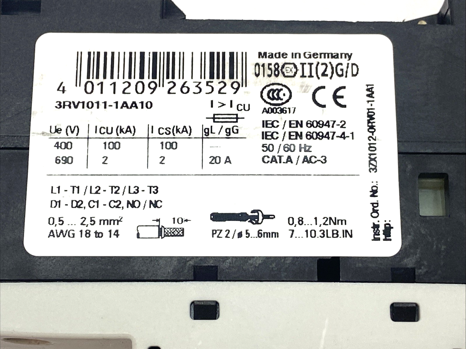 Siemens 3RV1011-1AA10 Sirius Manual Motor Starter Contactor MISSING 3RV1901-1E - Maverick Industrial Sales
