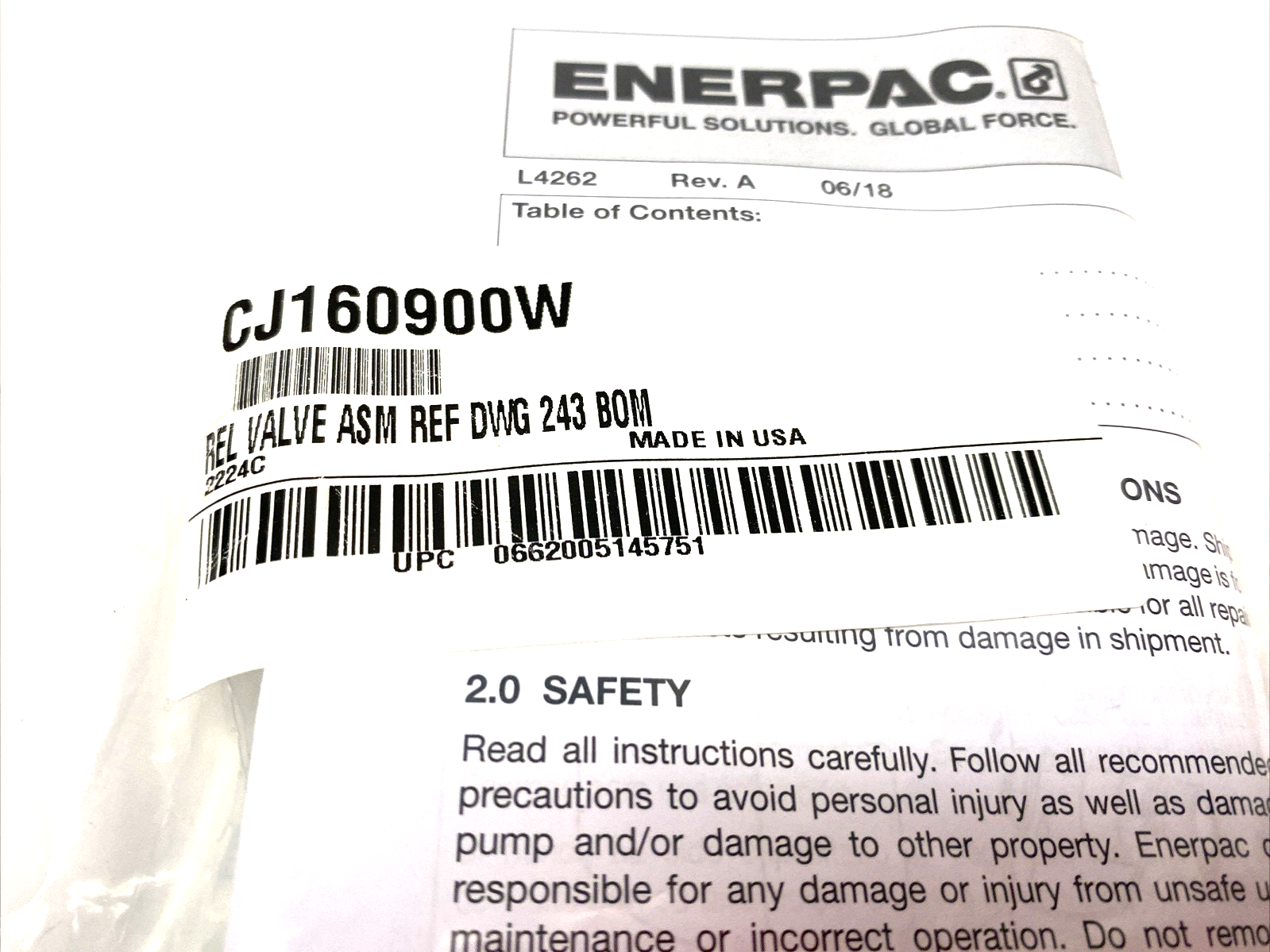 Enerpac CJ160900W Relief Valve Assembly DWG 243 BOM - Maverick Industrial Sales