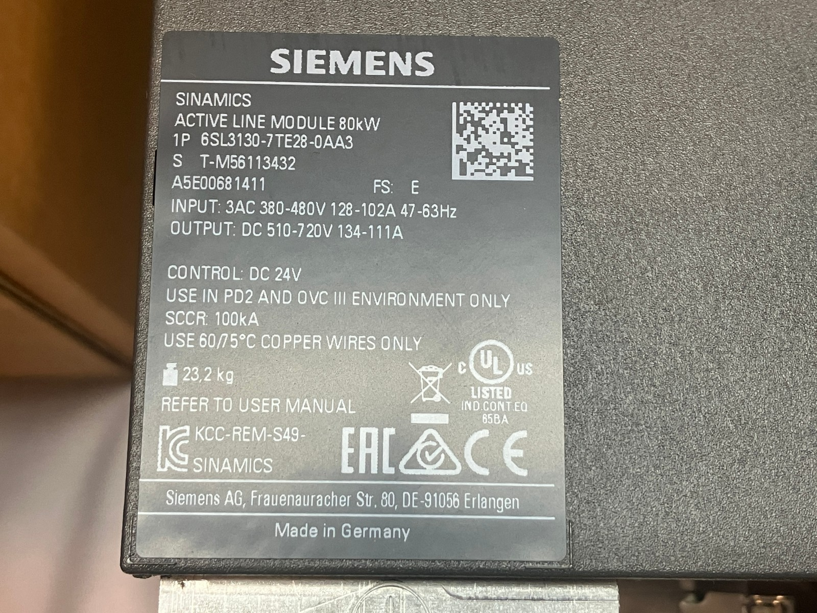 Siemens 6SL3130-7TE28-0AA3 SINAMICS Active Line Module 80 kW DC 510-720V Out - Maverick Industrial Sales