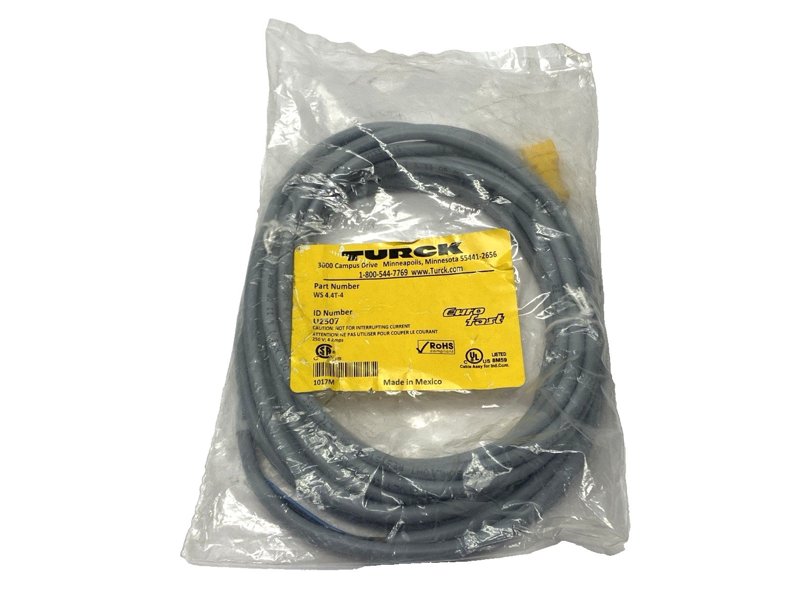 Turck WS 4.4T-4 Single-Ended M12 4-Pin Female Connector Cordset U2507 - Maverick Industrial Sales