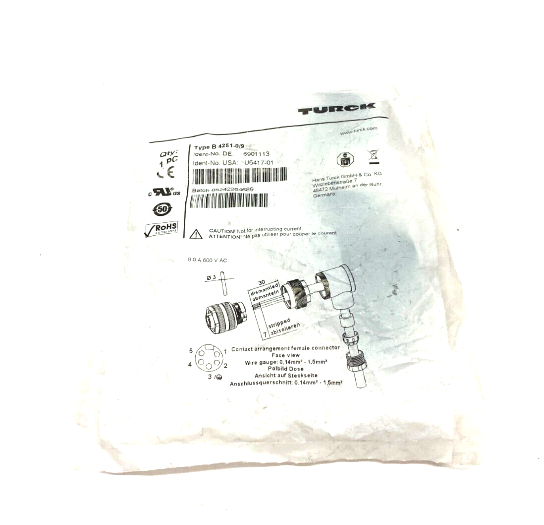 Turck B 4251-0/9 Field Wireable Connector Male 7/8" Straight 5-Pin, U6417-01 - Maverick Industrial Sales