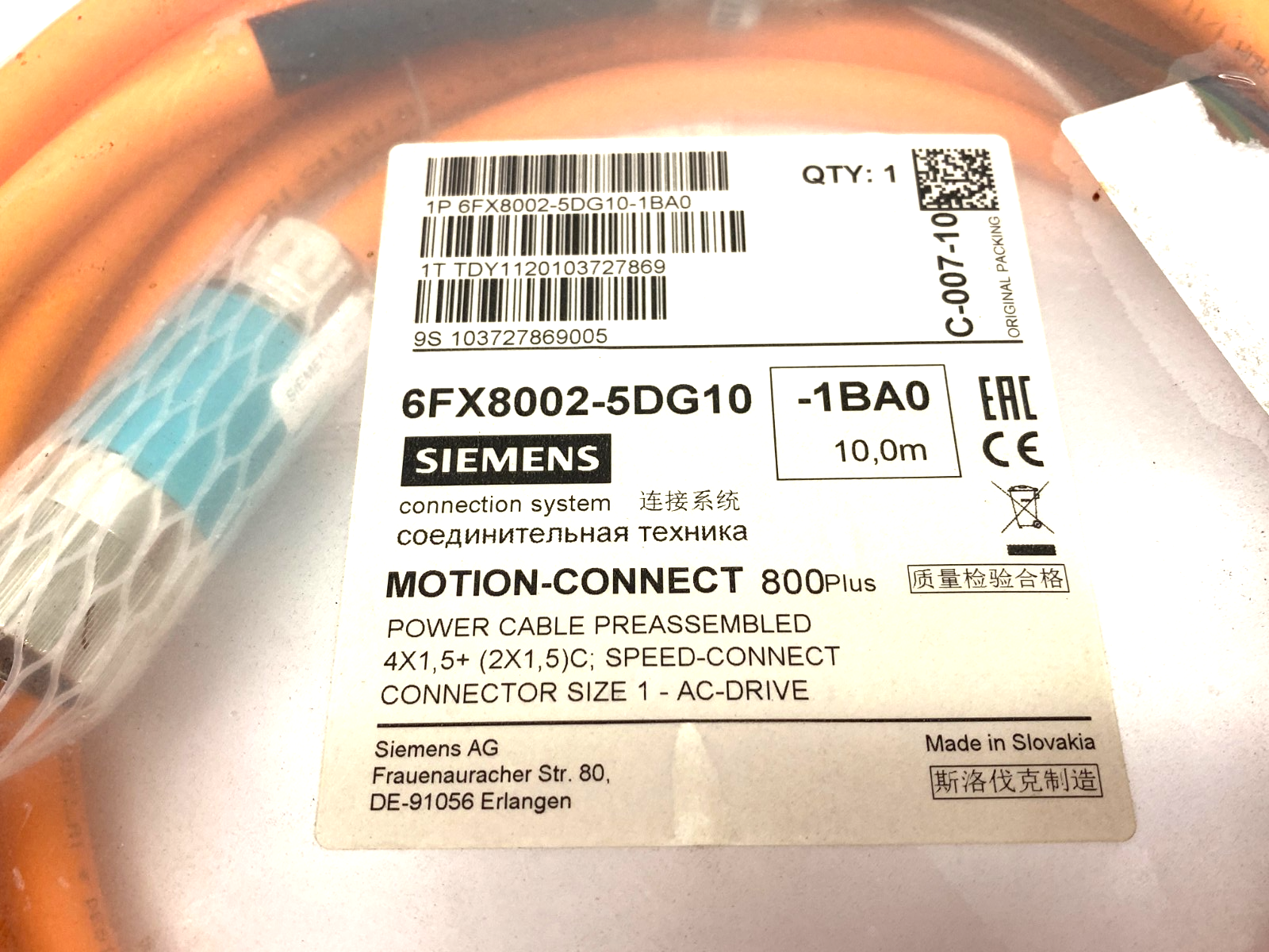Siemens 6FX8002-5DG10-1BA0 MOTION-CONNECT Power Cable Assembly 10m 800Plus - Maverick Industrial Sales