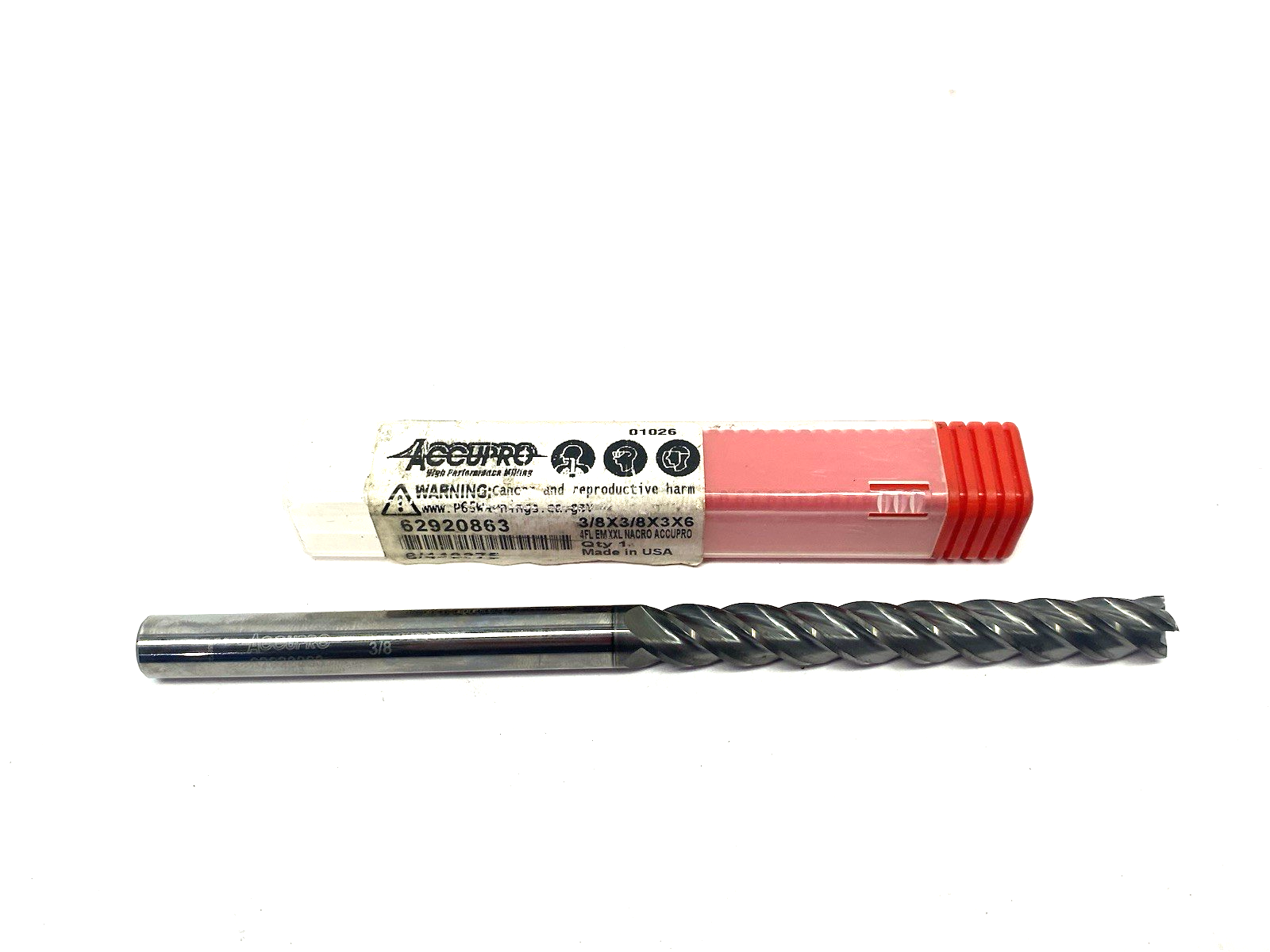 62920863 | Accupro Square End Mill: 3/8" Dia, 3" LOC, 4 Flute, Solid Carbide - New – Open box - Maverick Industrial Sales