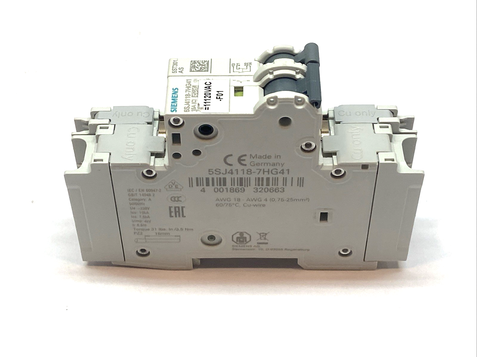 5SJ4118-7HG41,5ST3010-0HG | Siemens 5SJ4118-7HG41 Miniature Circuit Breaker w/ 5ST3010-0HG Auxiliary Switch - Used - Maverick Industrial Sales