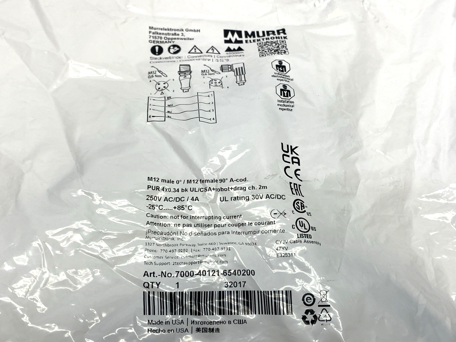 Murr Elektronik 7000-40121-6540200 Double-Ended Cordset M12 M to F Connectors 2m - Maverick Industrial Sales