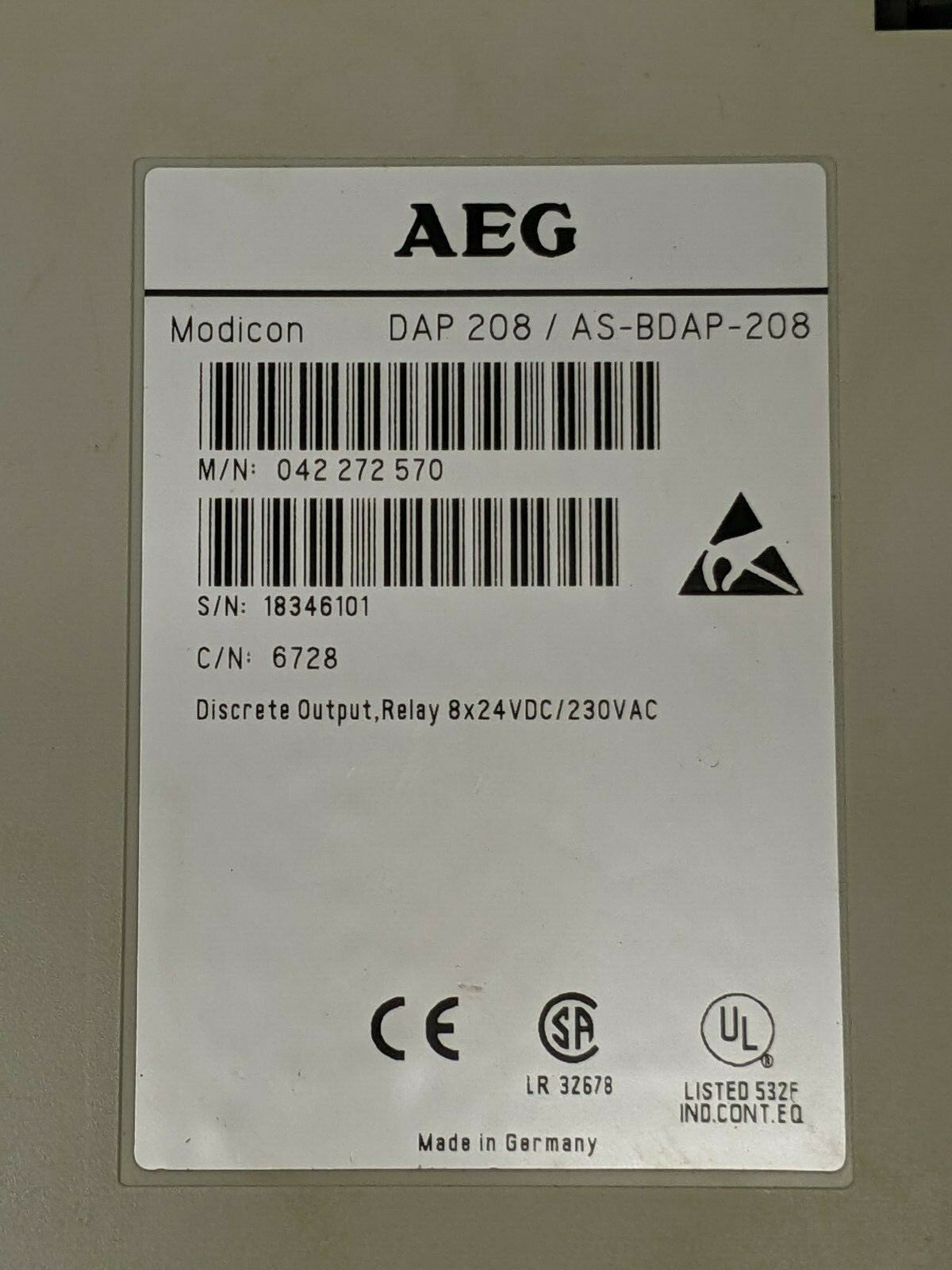 AEG AS-BDAP-208 Discrete Output Module 8x24VDC/230VAC - Maverick Industrial Sales