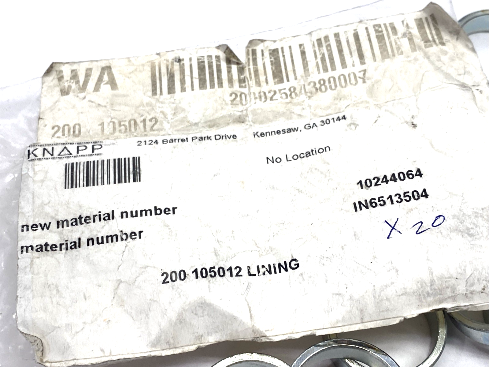 Knapp 10244064 Lining, 21mm I.D. 25mm O.D. 7mm Wide, 200 105012 LOT OF 20 - Maverick Industrial Sales