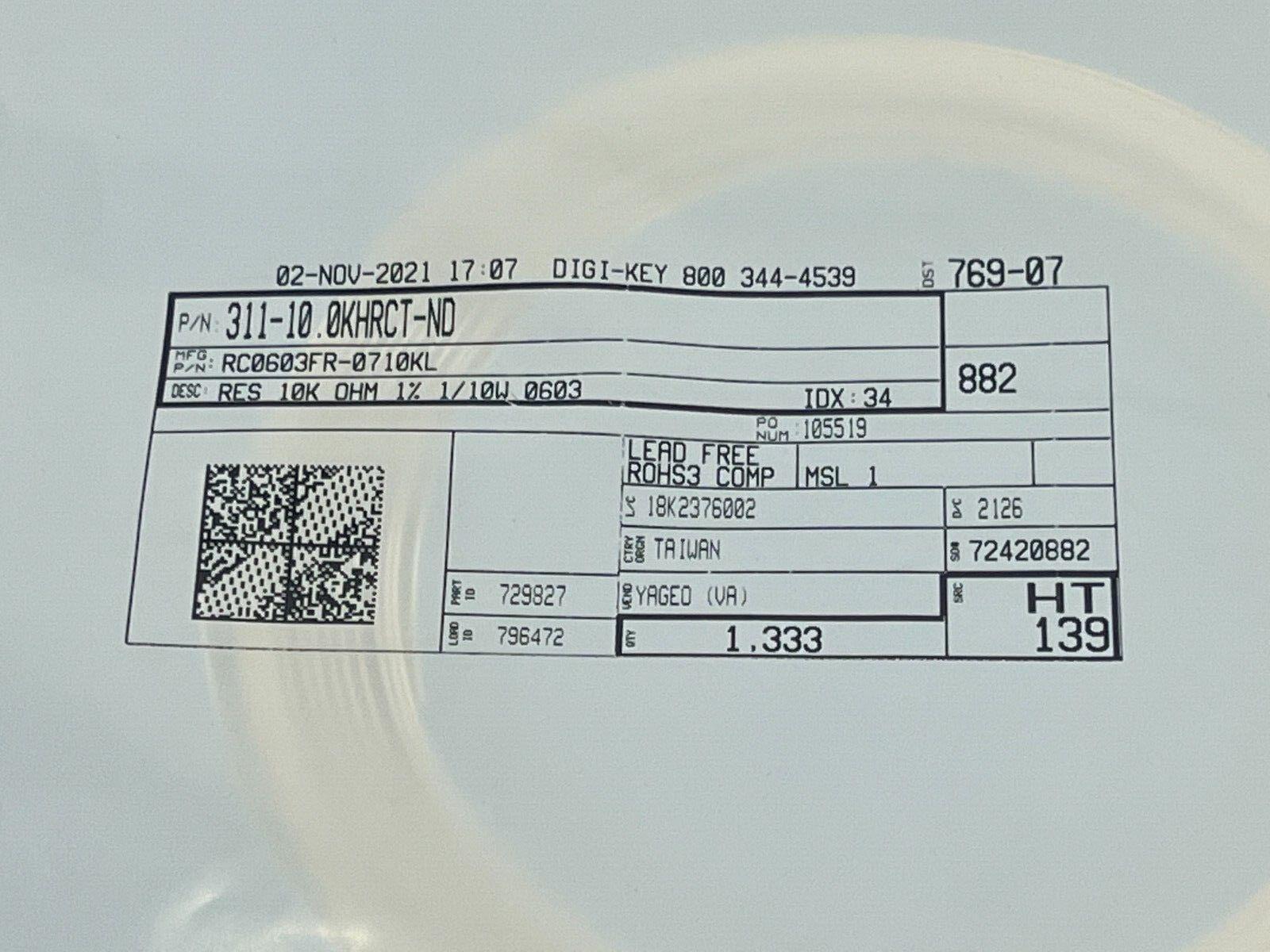 Yageo RC0603FR-0710KL Thick Film Resistors SMD 10 kOhms 100mW 0603 3300QTY - Maverick Industrial Sales