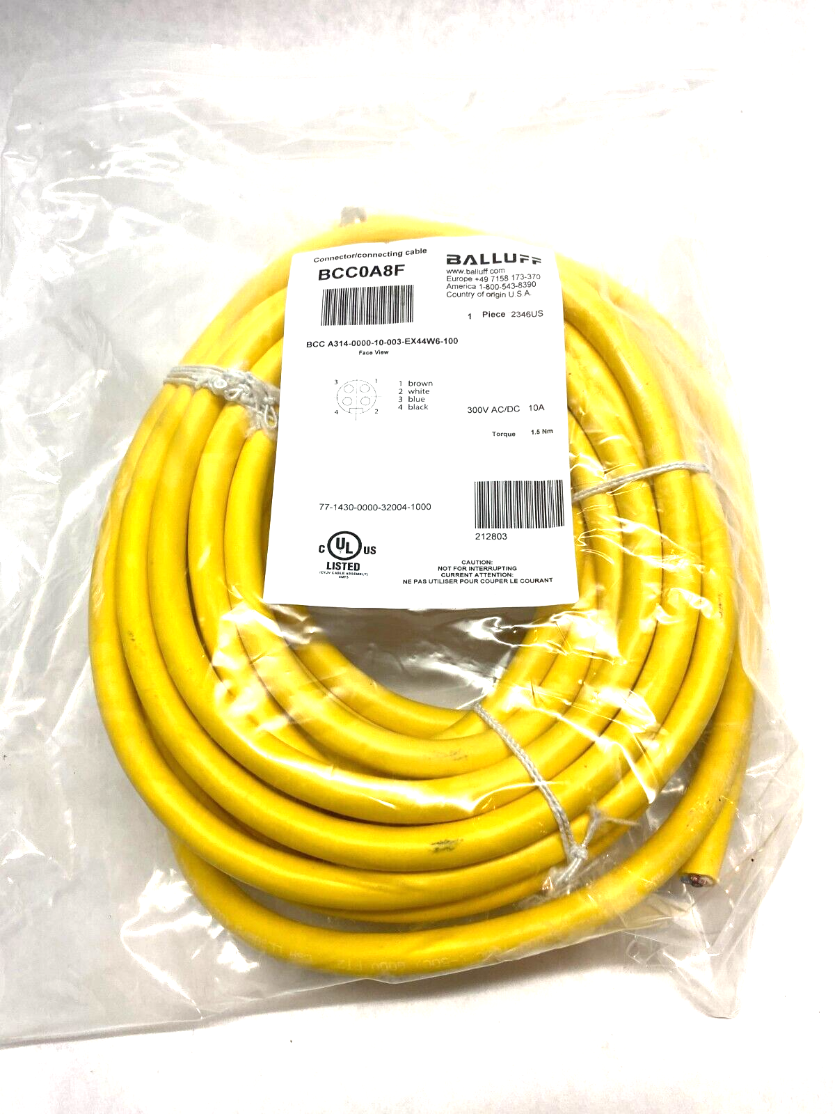 Balluff BCC0A8F Power Connection Cable Sgl-Ended BCC A314-0000-10-003-EX44W6-100 - Maverick Industrial Sales