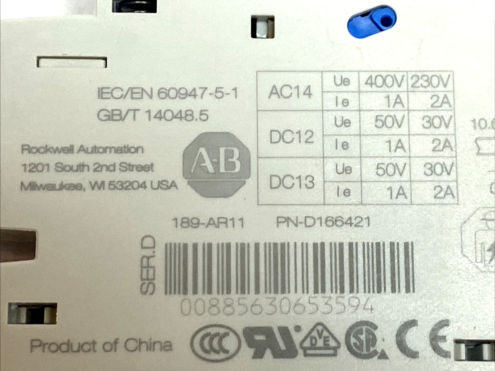 Allen Bradley 189‑AR11 Auxiliary Contact, Right‑Mount MCB Accessory - Used - Maverick Industrial Sales