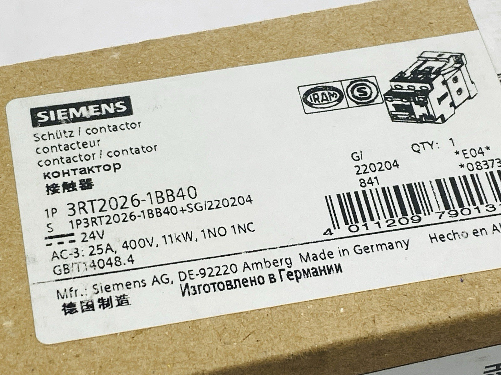 Siemens 3RT2026-1BB40 Power Contactor 3-Pole 25A 11kW 400V 24VDC - Maverick Industrial Sales