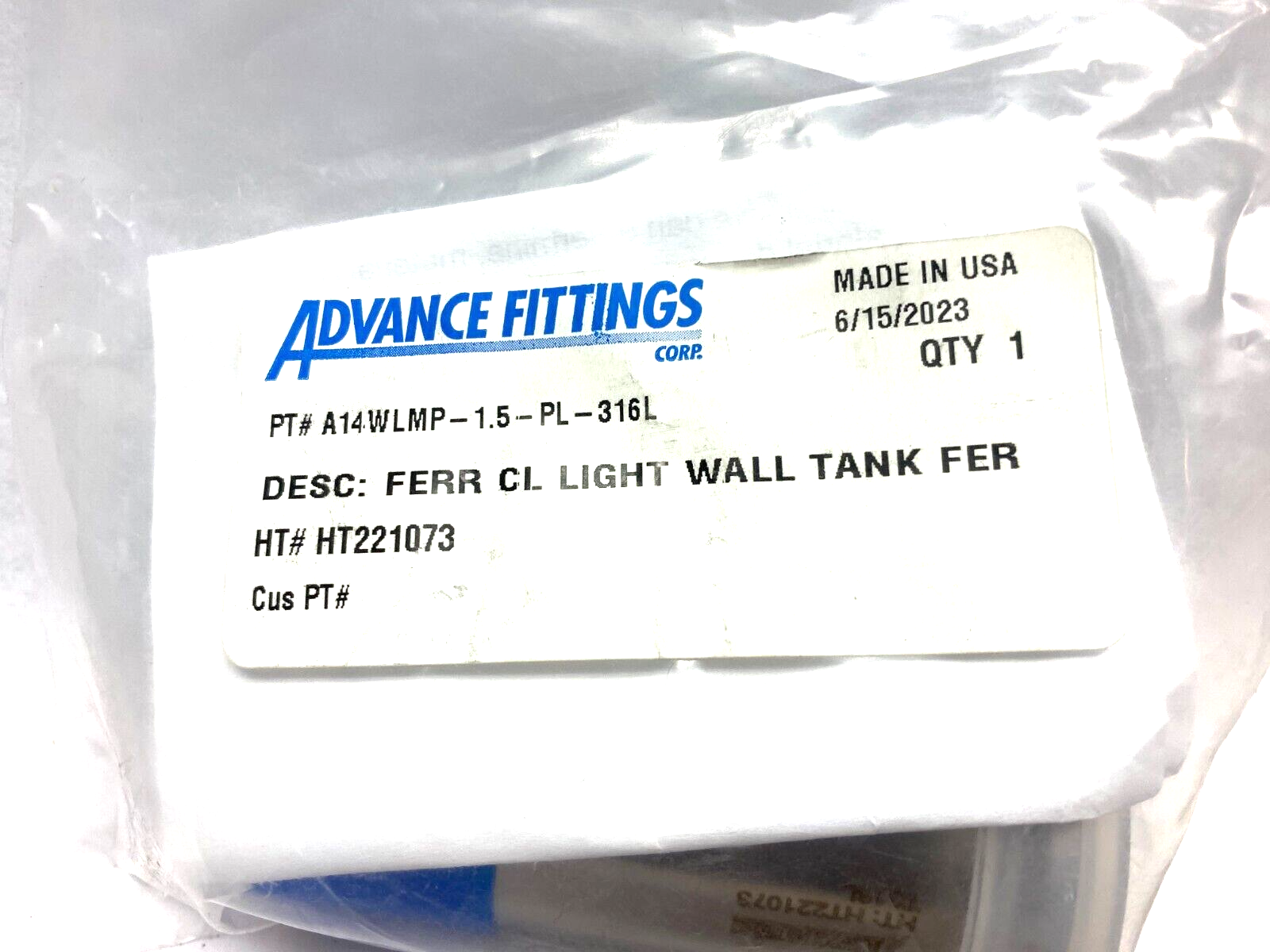 Advance Fittings A14WLMP-1.5-PL-316L Light Wall Tank Weld Ferrule - Maverick Industrial Sales