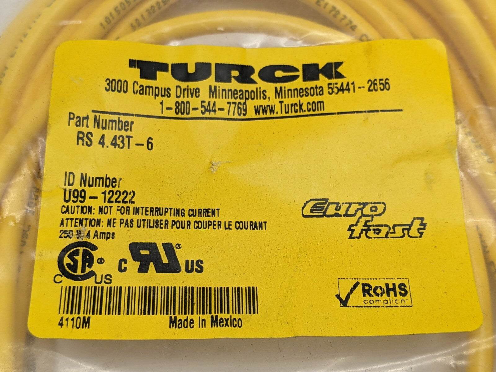 Turck RS 4.43T-6 EuroFast Cable Cordset U99-12222 - Maverick Industrial Sales