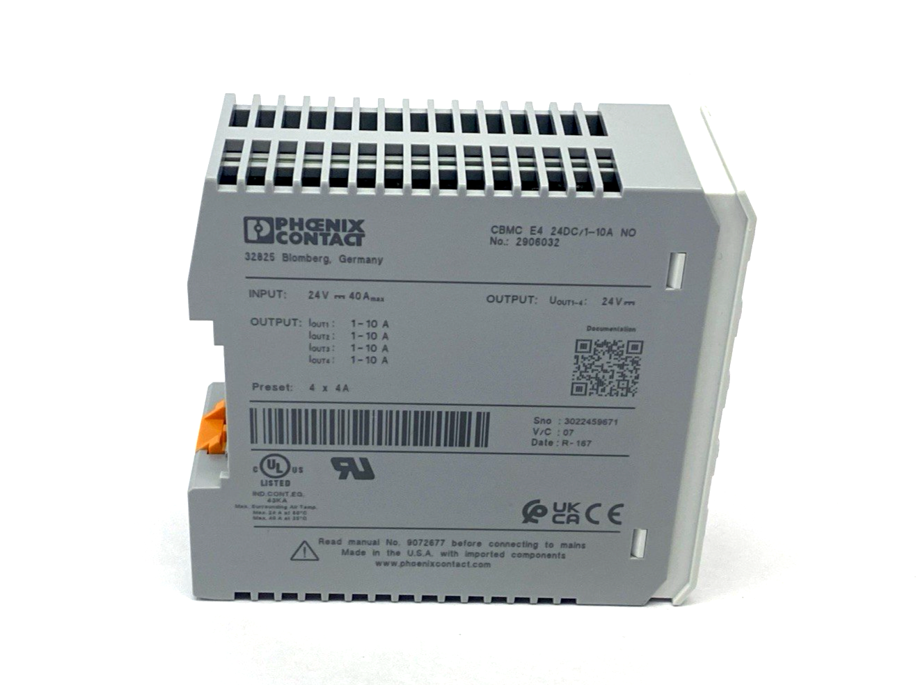 CBMC E4 24DC/1-10A NO,2906032 | Phoenix Contact CBMC E4 24DC/1-10A NO Electronic Circuit Breaker 2906032 - New – Open box - Maverick Industrial Sales