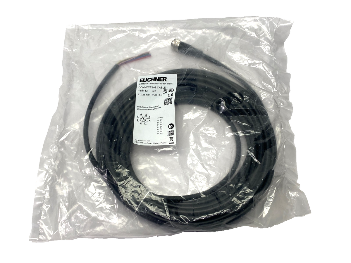 C-M12F08-08X025PU10,0-MA-115113 | Euchner Connector Cable 8-Pin M12 F 10m 115113 - New - Maverick Industrial Sales