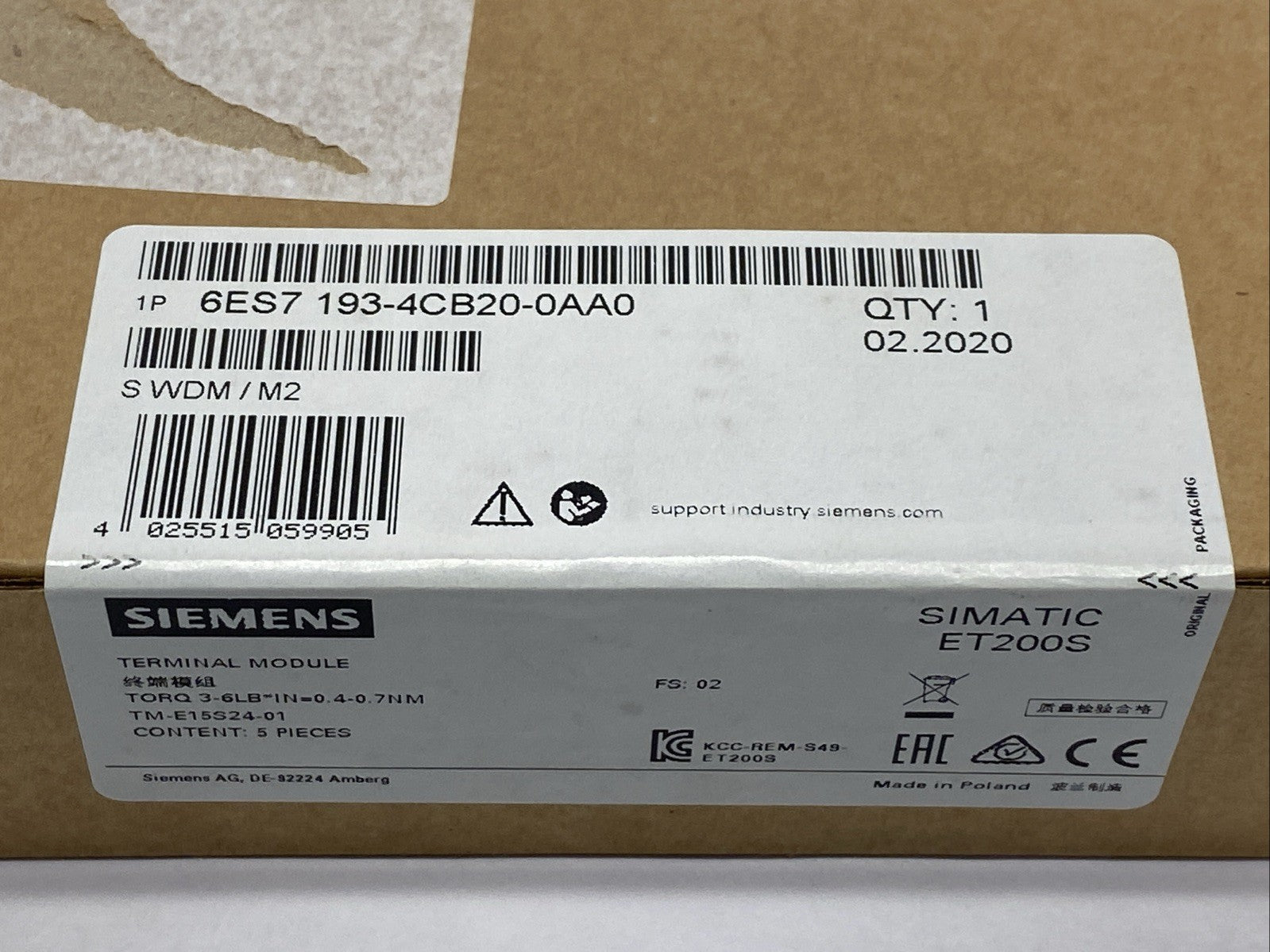 Siemens 6ES7 193-4CB20-0AA0 SIMATIC ET200S Terminal Module BOX OF 5 - Maverick Industrial Sales