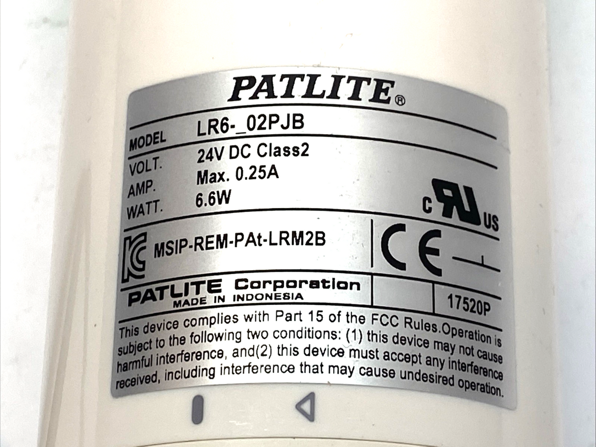 LR6-_02PJB | Patlite Signal Tower Light 3-Tier Green, Amber, Red 24VDC 6.6W 0.25A - Used - Maverick Industrial Sales
