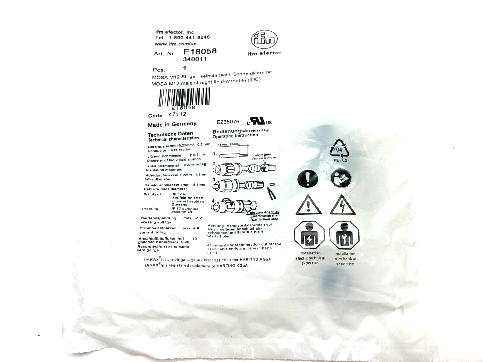 Ifm Efector E18058 Straight M12 Male Field Wireable Connector 4-Pin 340011 - Maverick Industrial Sales