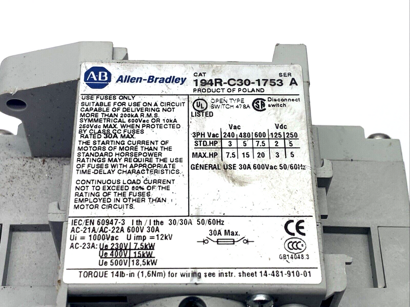 Allen Bradley 194R-C30-1753 Ser. A Disconnect Switch w/ Handle 30A 3P - Maverick Industrial Sales