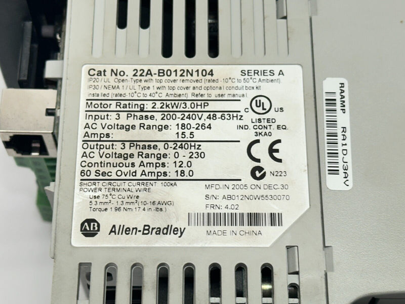 Allen Bradley 22A-B012N104 Ser A PowerFlex 4 AC Drive 3HP 2.2kW 3PH - Maverick Industrial Sales