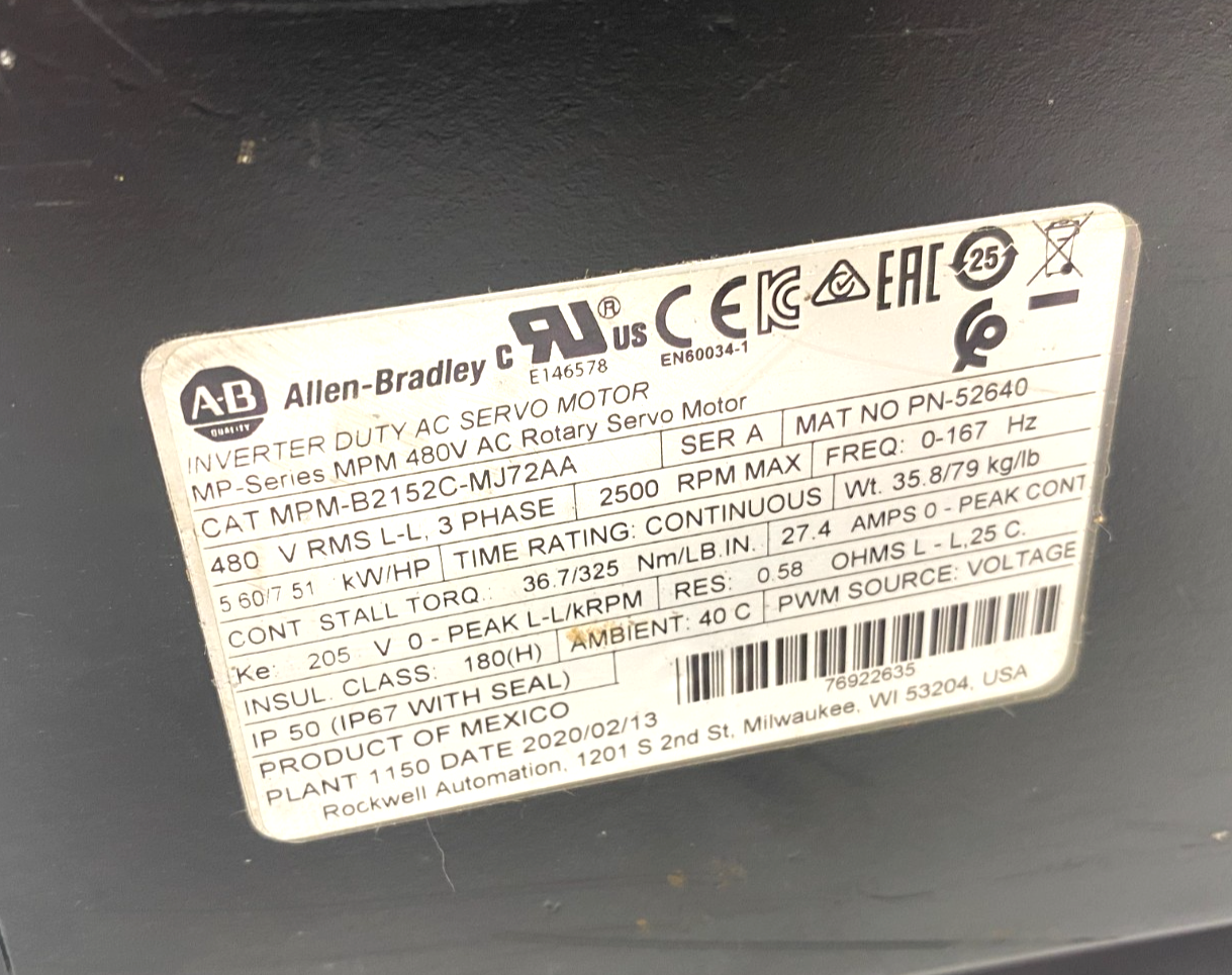 Allen Bradley MPM-B2152C-MJ72AA Ser. A Inverter Duty AC Servo Motor - Maverick Industrial Sales