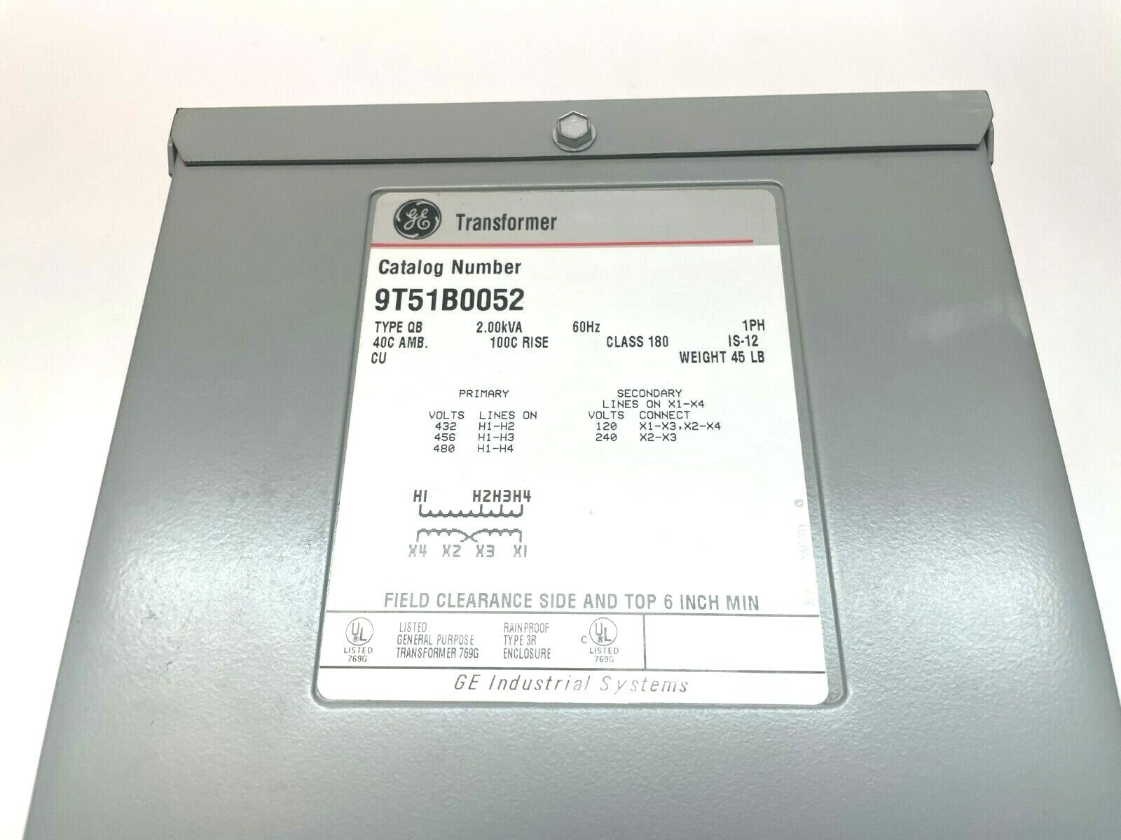 GE 9T51B0052 Transformer, 2.00kVA, Type QB, 480V Primary 120/240V Secondary - Maverick Industrial Sales