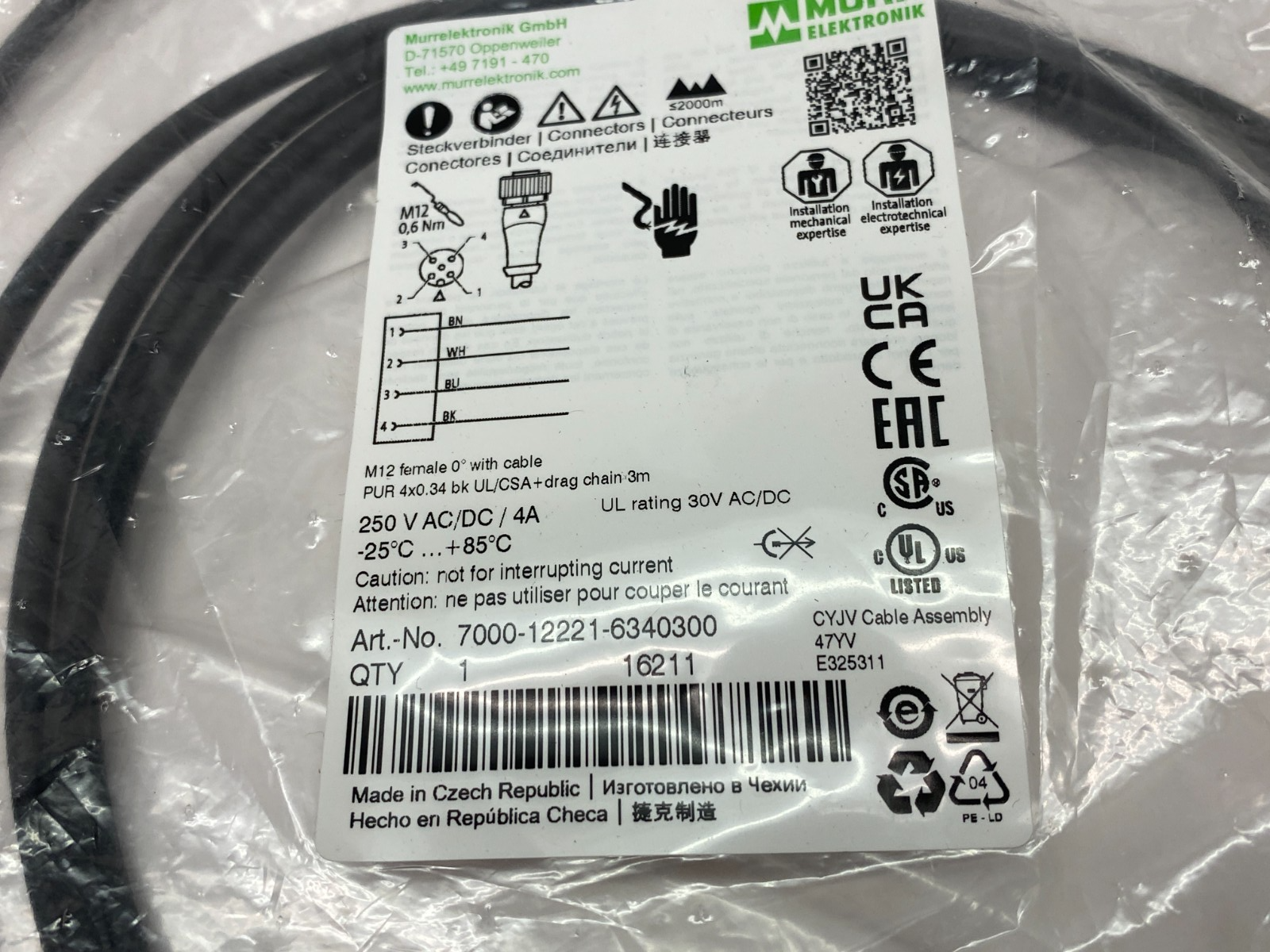 Murrelektronik 7000-12221-6340300 Single Ended M12 Female 0° A-cod. Cordset - Maverick Industrial Sales