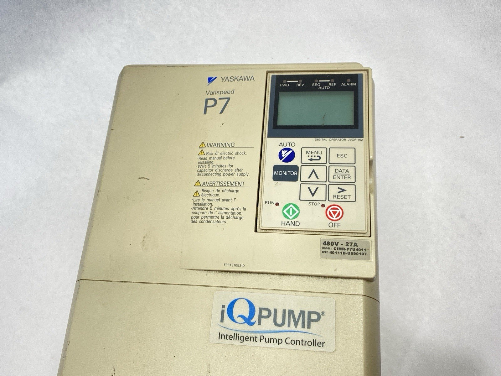 CIMR-P7U4011 | Yaskawa P7 Varispeed iQ Pump Controller Drive 3PH 27A 480V - For parts or not working - Maverick Industrial Sales