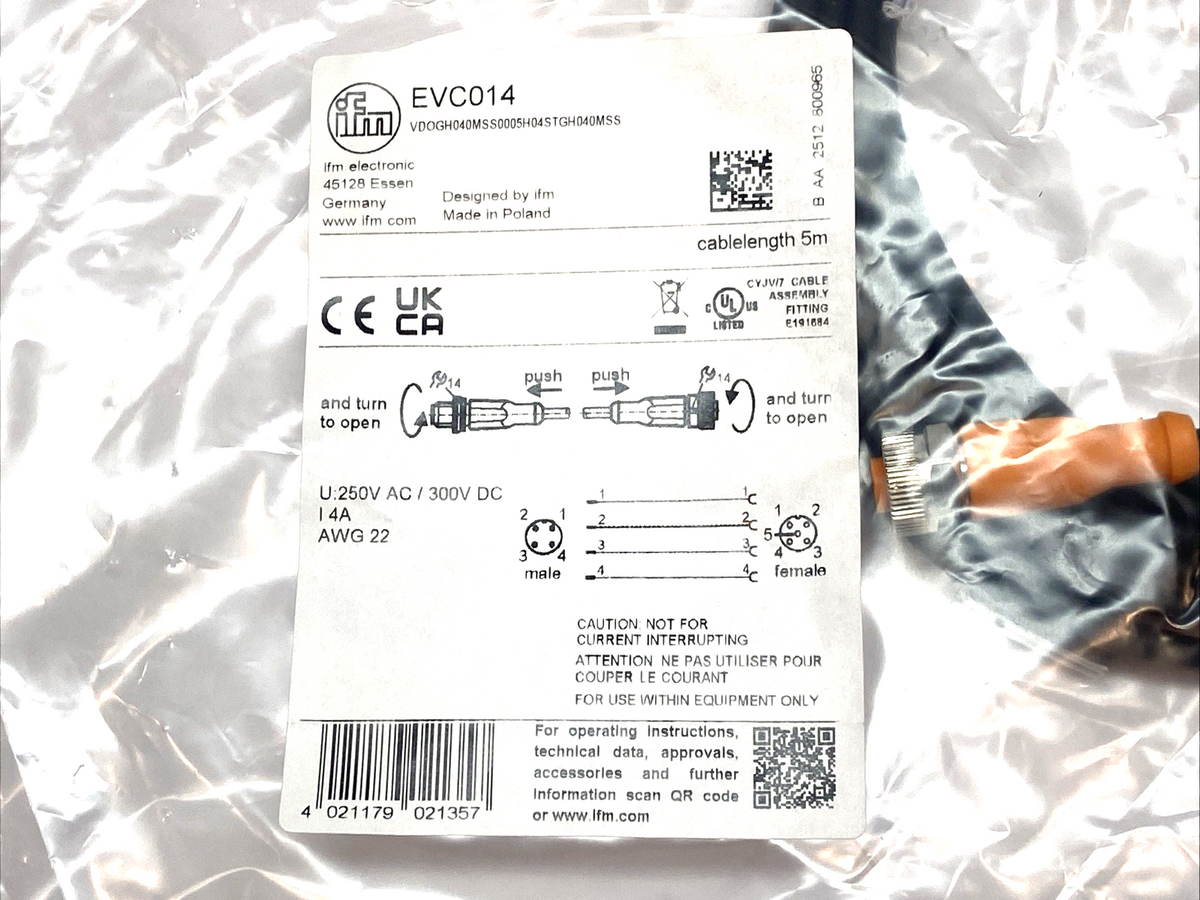 EVC014 | IFM Proximity Switch Sensor Connection Cable M to F 5m 250VAC 300VDC 4A - New - Maverick Industrial Sales
