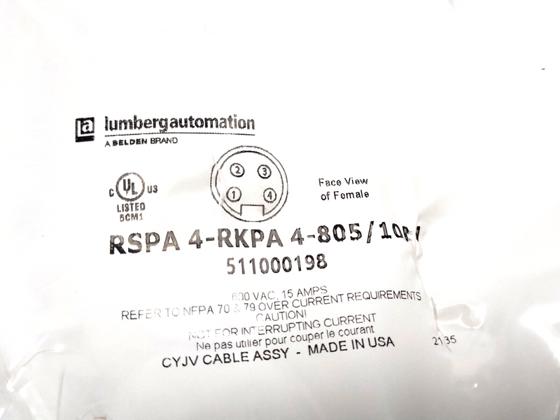 Lumberg RSPA 4-RKPA 4-805/10M Cordset 7/8" Male To Female 4-Pin 10m 511000198 - Maverick Industrial Sales