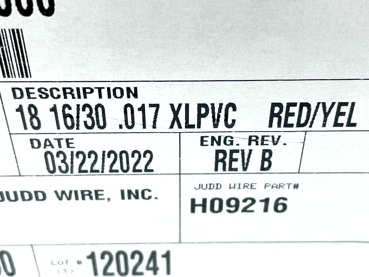 H09216 | Judd Wire Lead Wire 18AWG 300V Red/Yellow 3000ft Legnth - New - Maverick Industrial Sales