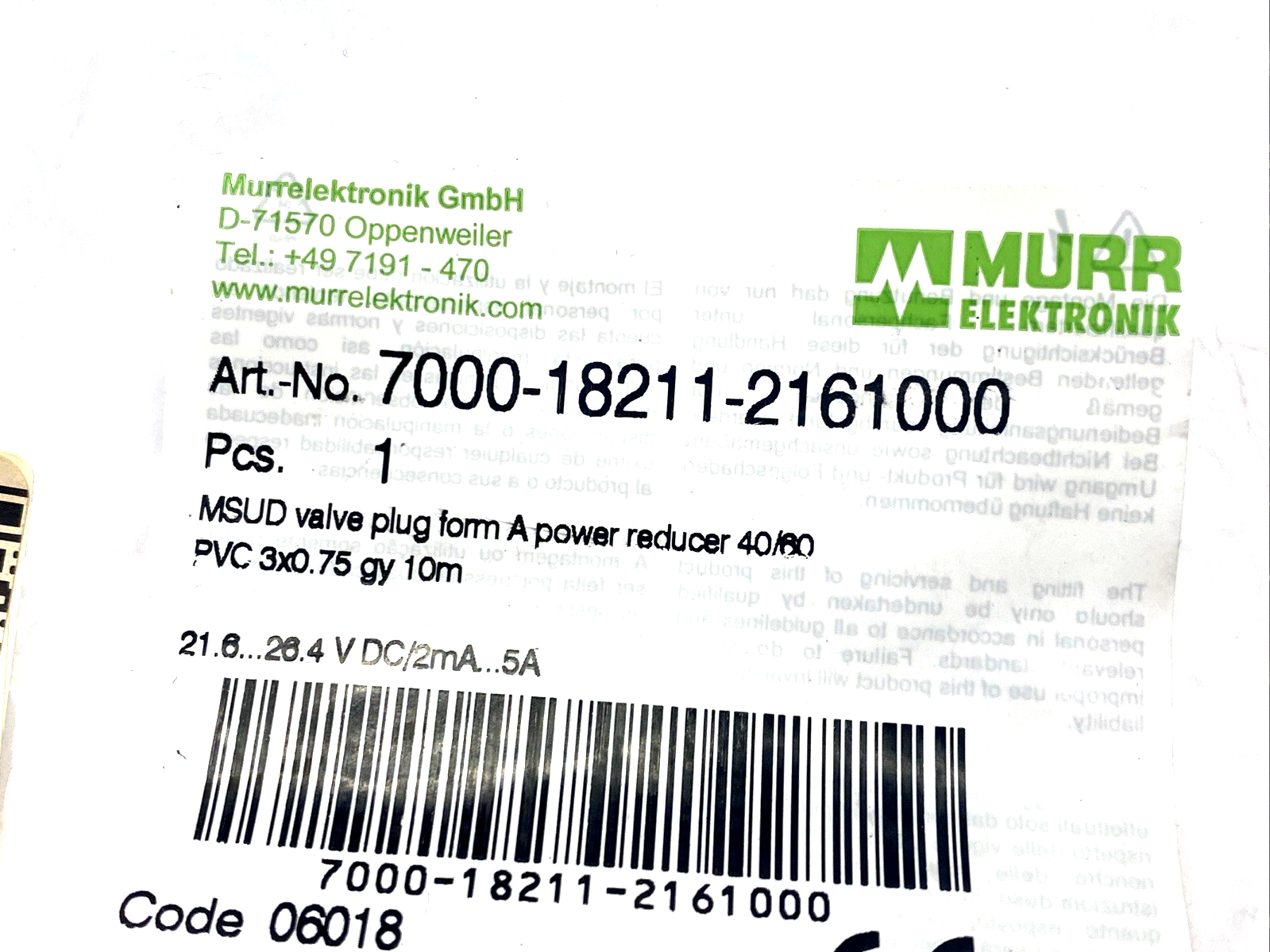 Murr Elektronik 7000-18211-2161000 MSUD Valve Plug A-18mm 10m Cable - Maverick Industrial Sales