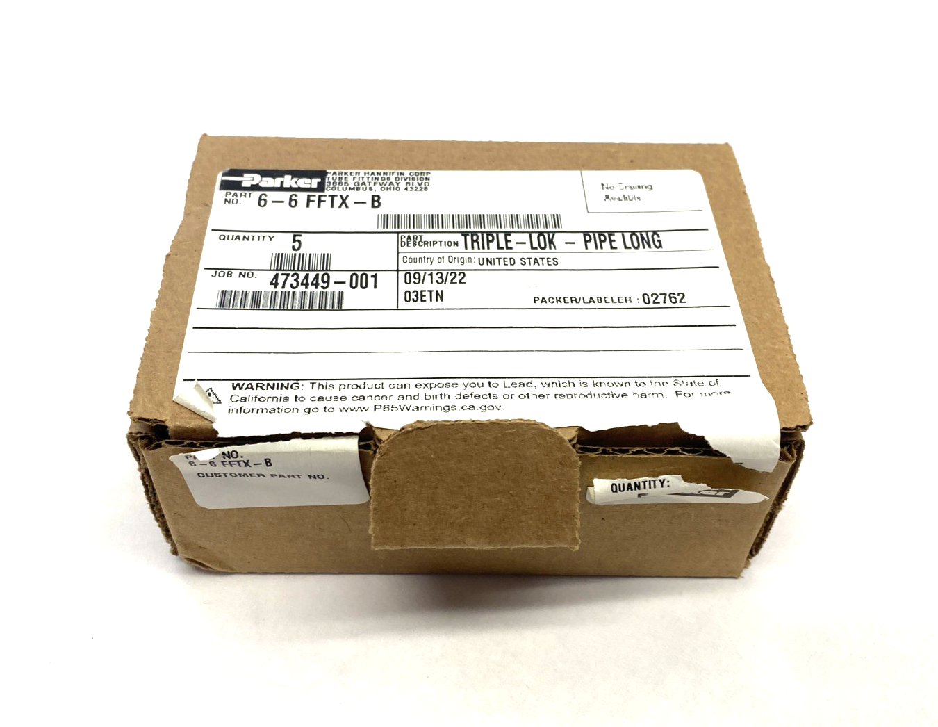 6-6 FFTX-B | Parker Triple-Lok Tube Fitting, Flare JIC 37 Deg. 3/8" NPT, Long 5PK - New – Open box - Maverick Industrial Sales