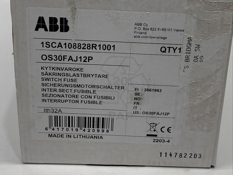 ABB OS30FAJ12P Fusible Disconnect Switch 30A 1SCA108828R1001 NO HANDLE - Maverick Industrial Sales