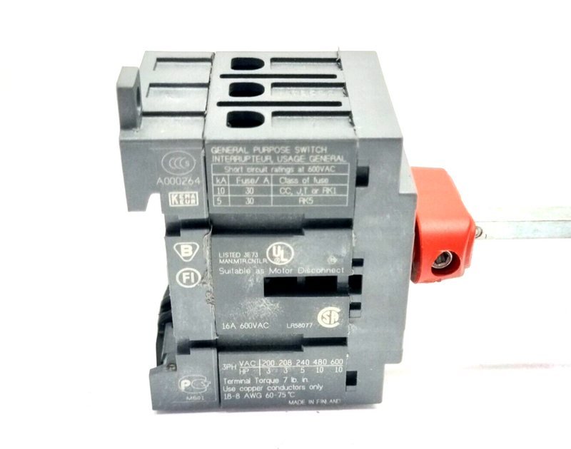 ABB OT16E3 Disconnect Switch 3P 600V 16A w/ Operator Handle - Maverick Industrial Sales