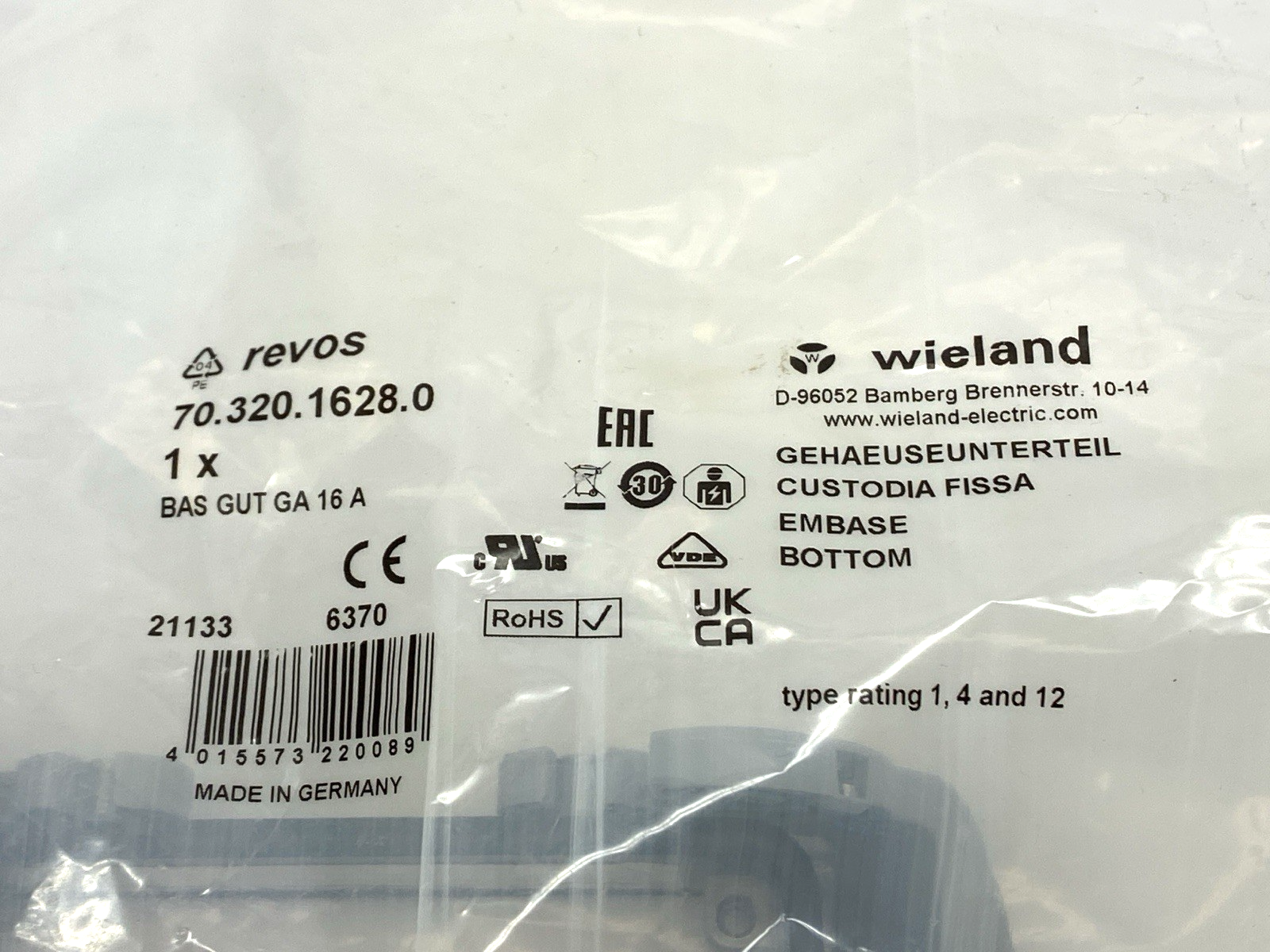 Revos 70.320.1628.0 Heavy Duty Connector Bottom BAS GUT GA 16 A - Maverick Industrial Sales