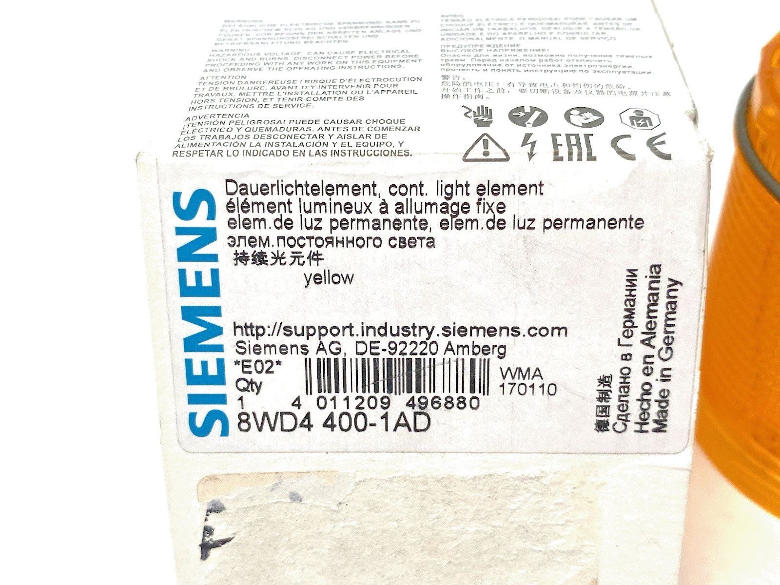 Siemens 8WD4400-1AD Continuous Light Element, 70mm Yellow, 12-230V AC/DC - Maverick Industrial Sales